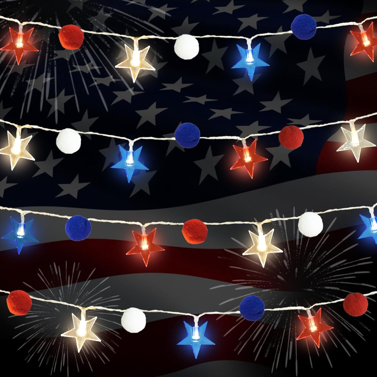 Red White and Blue Star String Lights 4th of July Decorations Pom Pom Star Lights Battery Operated with Timer Fairy Lights for Independence Day Memorial Patriotic Fourth of July Decor for Home
